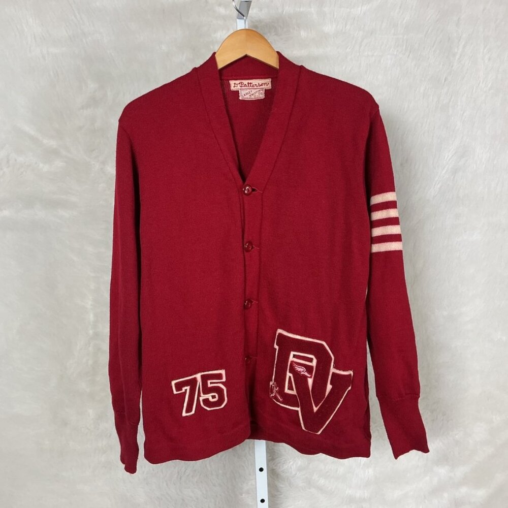 Vintage 70s Red Wool Letterman Sweater Lasley Knitting Co Seattle M